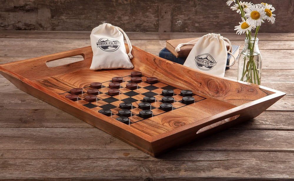 Wonder-ful Gifts Serving Tray with Chessboard - Chess and Checkers Pieces Inc...