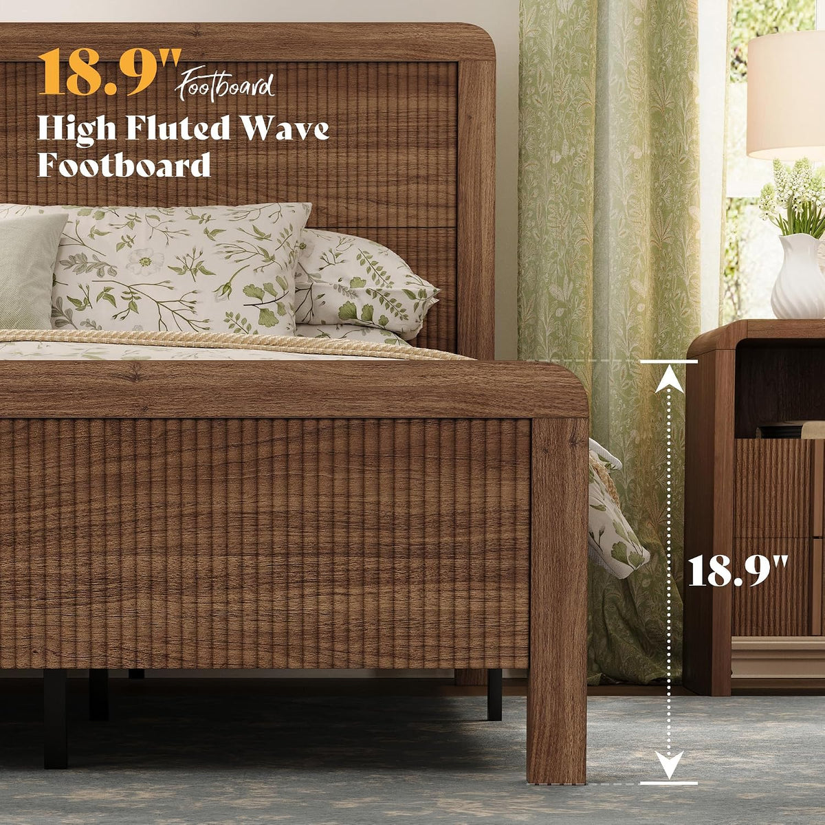 amerlife wood king size bed frame with fluted, side view