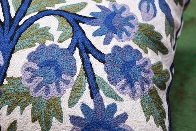 Blue Tree of Life Pillow Cover Indigo Plant Floral Pillowcase Needlepoint - Image 4