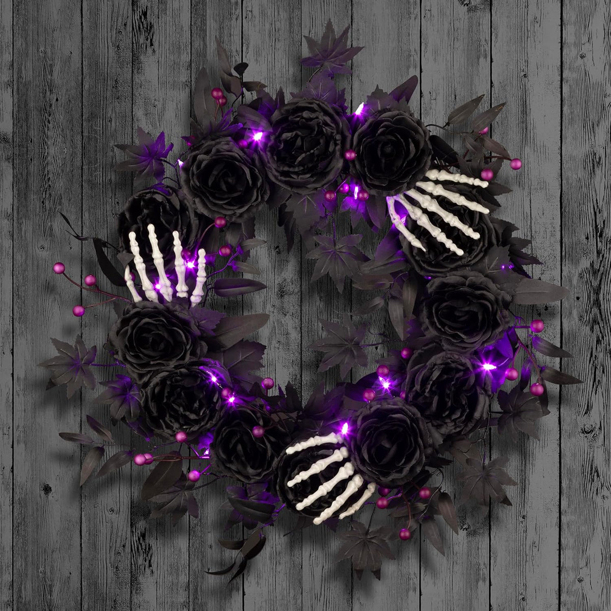 National Tree Company, 24inch Artificial Bad to The Bone Halloween Wreath, 30 Purple LED Lights,