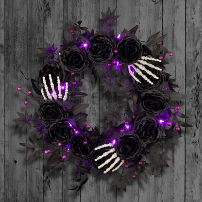 National Tree Company, 24inch Artificial Bad to The Bone Halloween Wreath, 30 Purple LED Lights,