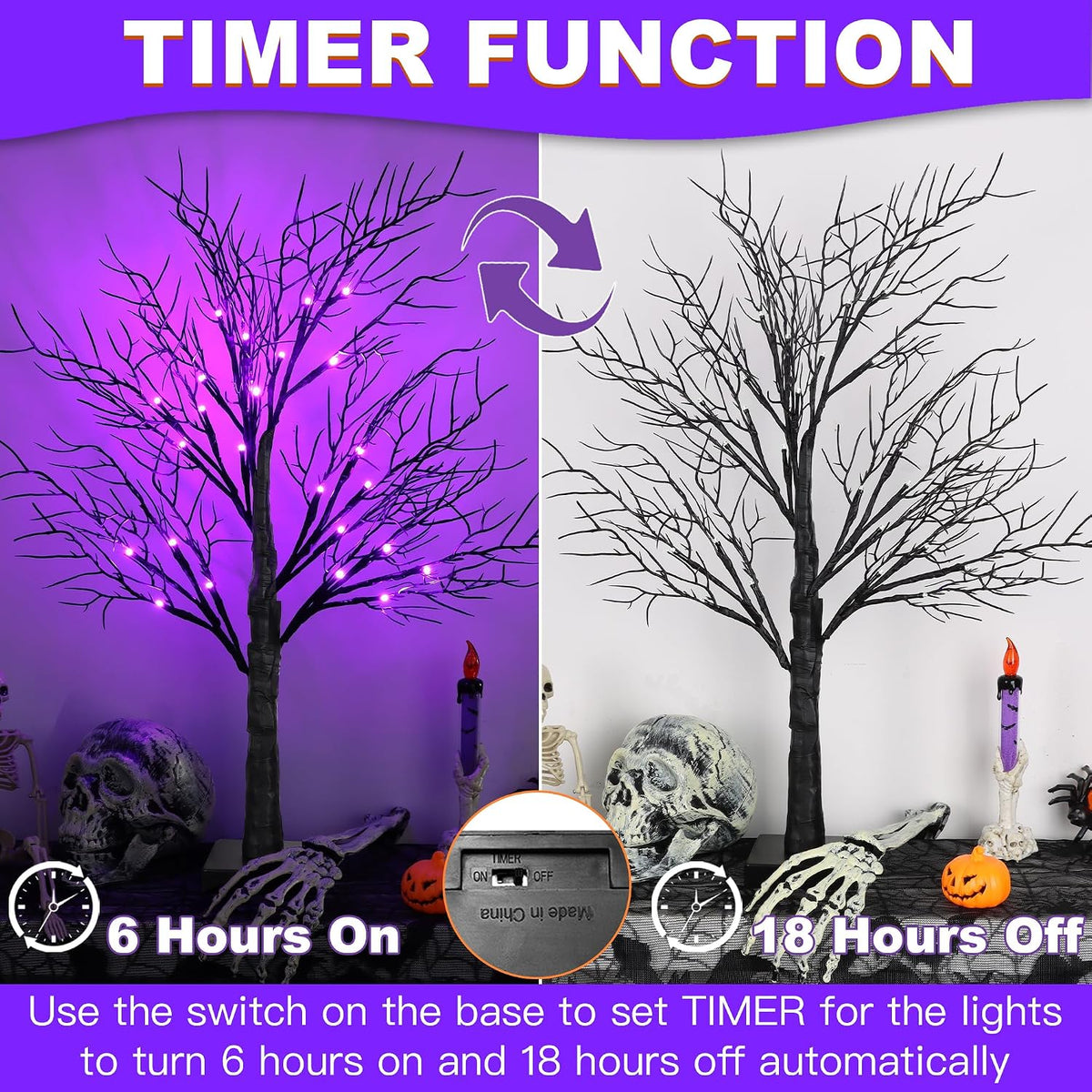 Halloween Decorations Indoor 2 Pack 24 Inch Black Spooky Tree with 48 Purple Led Lights, Timer/USB/Battery Operated Lighted Tabletop Tree Halloween Table Decor for Home Office Holiday Party