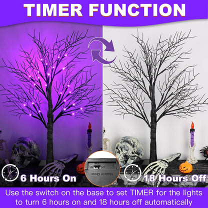 Halloween Decorations Indoor 2 Pack 24 Inch Black Spooky Tree with 48 Purple Led Lights, Timer/USB/Battery Operated Lighted Tabletop Tree Halloween Table Decor for Home Office Holiday Party