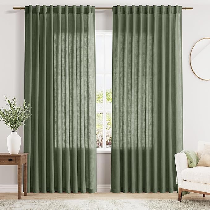 Nanspring 70 Inches Wide Olive Green Linen Curtains by Nanspring