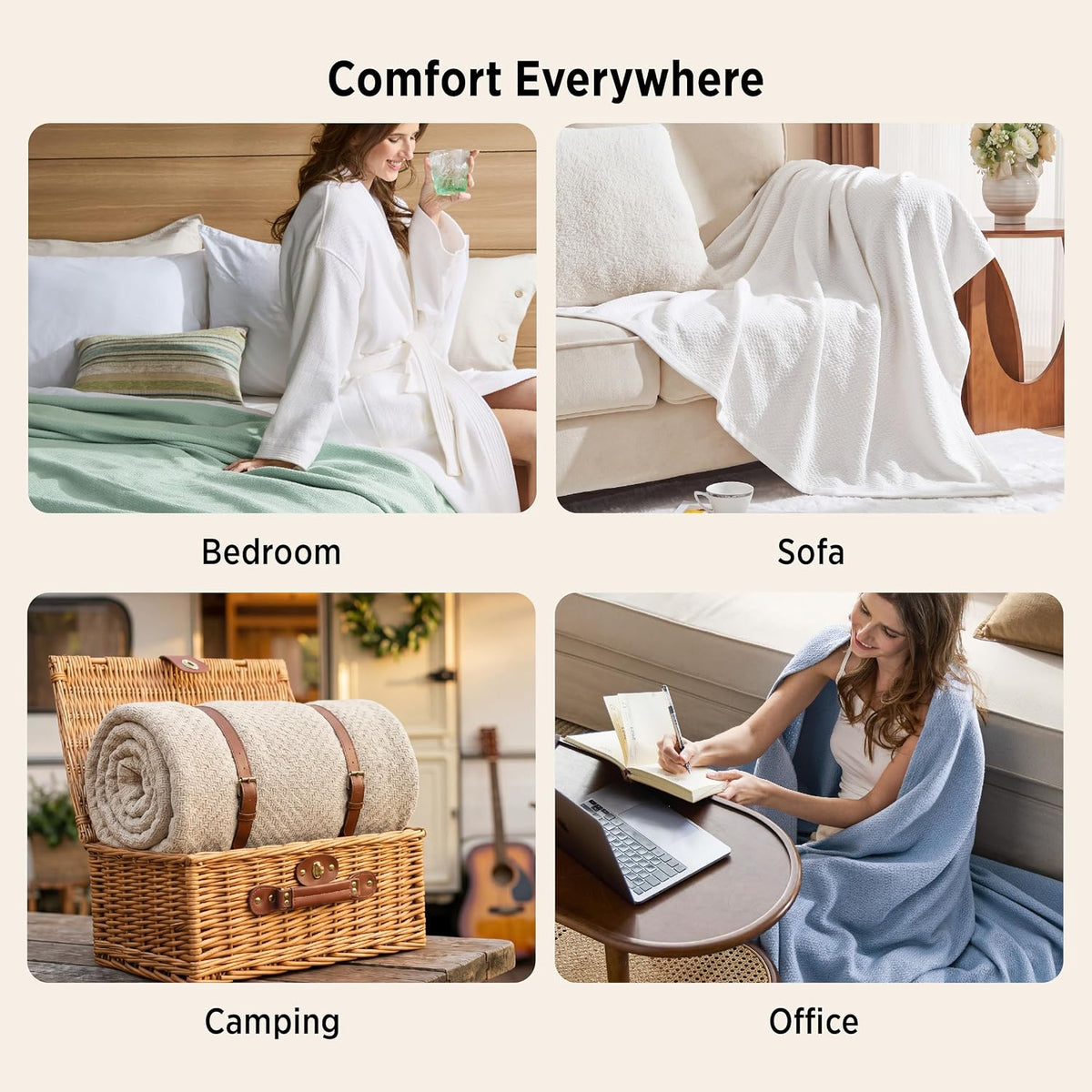 bedsure 100% cotton blanket, herringbone weave, queen size showing dimensions