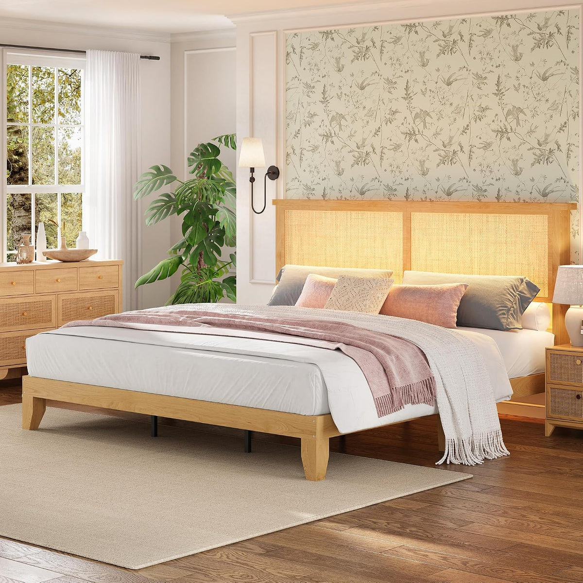 garvee bohemian king rattan bed led natural headboard showing dimensions