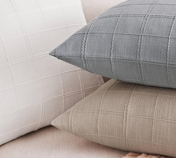 ZeeMart Linen Checked Throw Pillow Covers Set of 2, 22x22 Inch Allover Grid - Image 4