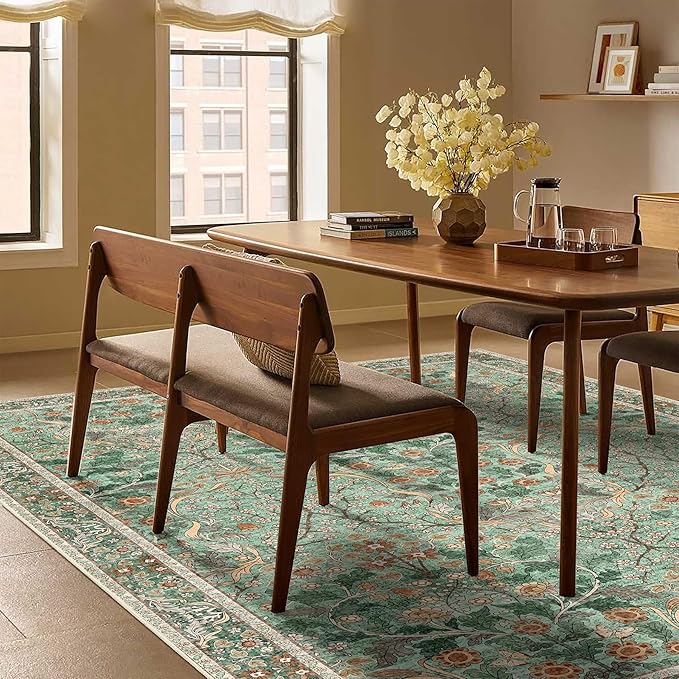 MUJOO Green 5x7 Area Rugs, Floral Washable Rug - Image 4