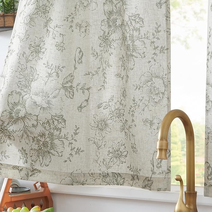 JINCHAN Floral Linen Tier Curtains Floral Sage on Beige Cafe Curtains 36 Inch - Image 4