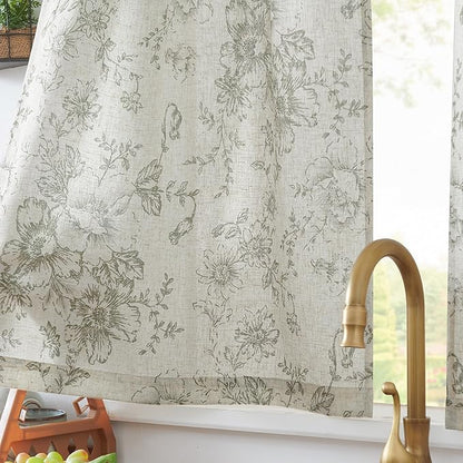 JINCHAN Floral Linen Tier Curtains Floral Sage on Beige Cafe Curtains 36 Inch - Image 4