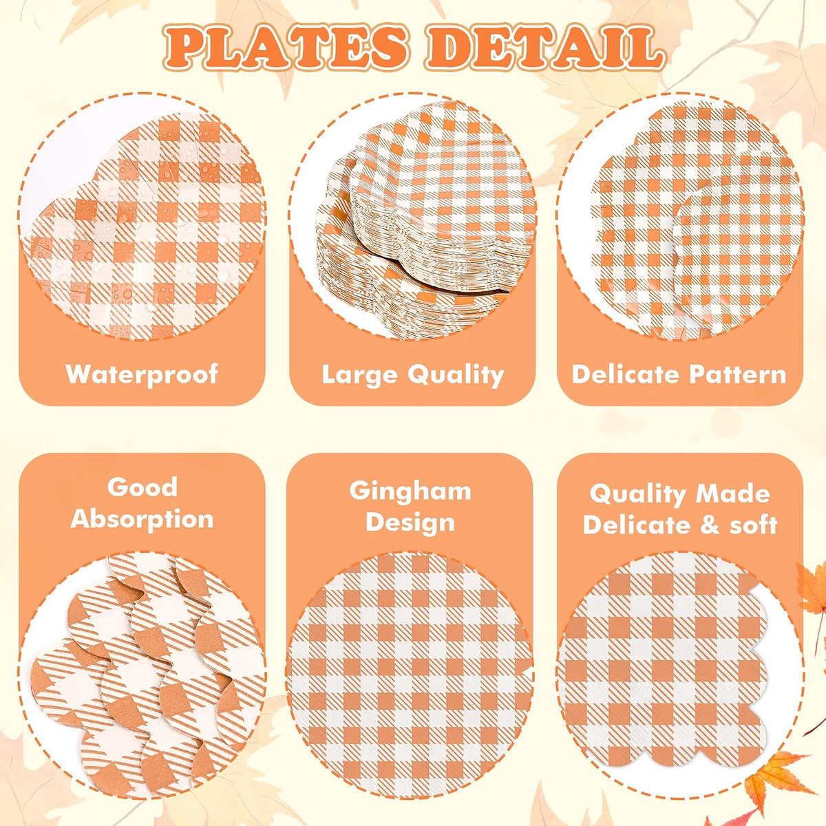 400 Pcs Orange Gingham Party Supplies for 50 Guests Orange and White Scalloped Paper Plates Napkin Cup & Cutlery Disposable Checkered Dinner Party Set for Thanksgiving, Halloween, Fall Wedding