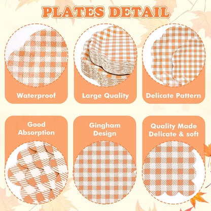 400 Pcs Orange Gingham Party Supplies for 50 Guests Orange and White Scalloped Paper Plates Napkin Cup & Cutlery Disposable Checkered Dinner Party Set for Thanksgiving, Halloween, Fall Wedding