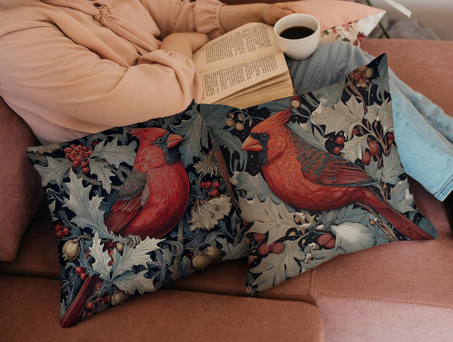 William Morris Inspired Red Cardinal Bird Pillow Cover 18x18 Inches(Set of 2) - Vintage Floral Art Throw Pillowcase - Farmhouse Decor for Couch, Sofa, Bed - Living Room Home Decor Gift (Red-Bird)