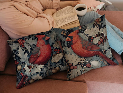 William Morris Inspired Red Cardinal Bird Pillow Cover 18x18 Inches(Set of 2) - Vintage Floral Art Throw Pillowcase - Farmhouse Decor for Couch, Sofa, Bed - Living Room Home Decor Gift (Red-Bird)