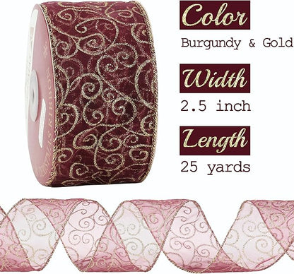 MEEDEE Red Gold Swirl Wired Ribbon 2.5 Inch Dark Red Sheer Ribbon - Image 2