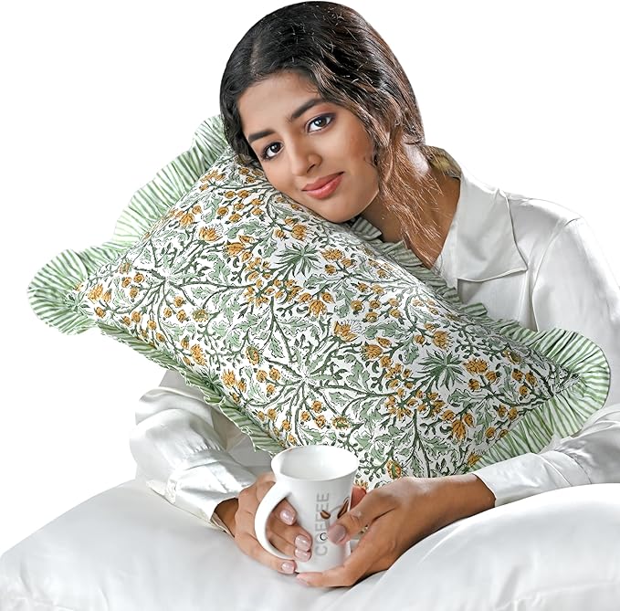 Ridhi Goldenrod Yellow 100% Cotton Block Print Ruffle Lumbar Sham Cover by Ridhi