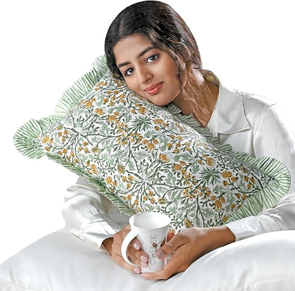 Ridhi Goldenrod Yellow 100% Cotton Block Print Ruffle Lumbar Sham Cover by Ridhi