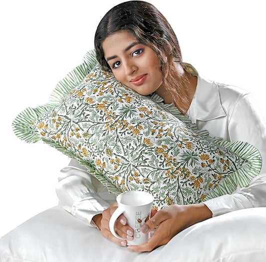 Ridhi Goldenrod Yellow 100% Cotton Block Print Ruffle Lumbar Sham Cover by Ridhi