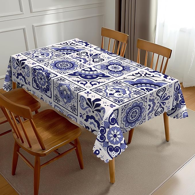 Talavera Mexican Tiles Tablecloth Navy Blue Flowers Leaves Hearts and Swirls by Unknown