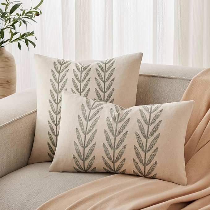 100% Cotton Farmhouse Leaves Throw Pillow Covers Set of 2, 24x24 Inch Green - Image 4