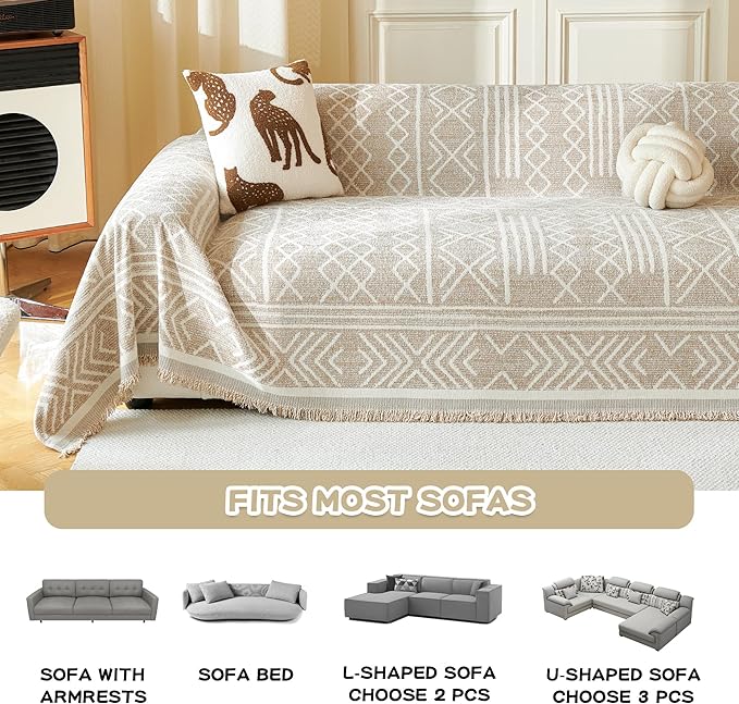 MEETSKY Boho Couch Cover Sofa Covers, Chenille Geometric Khaki Couch Covers - Image 5