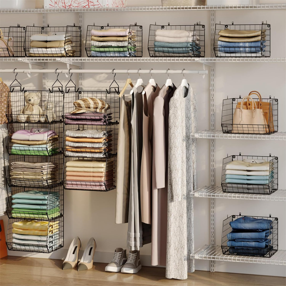 x-cosrack 5 tier closet hanging organizer, clothes hanging, side view