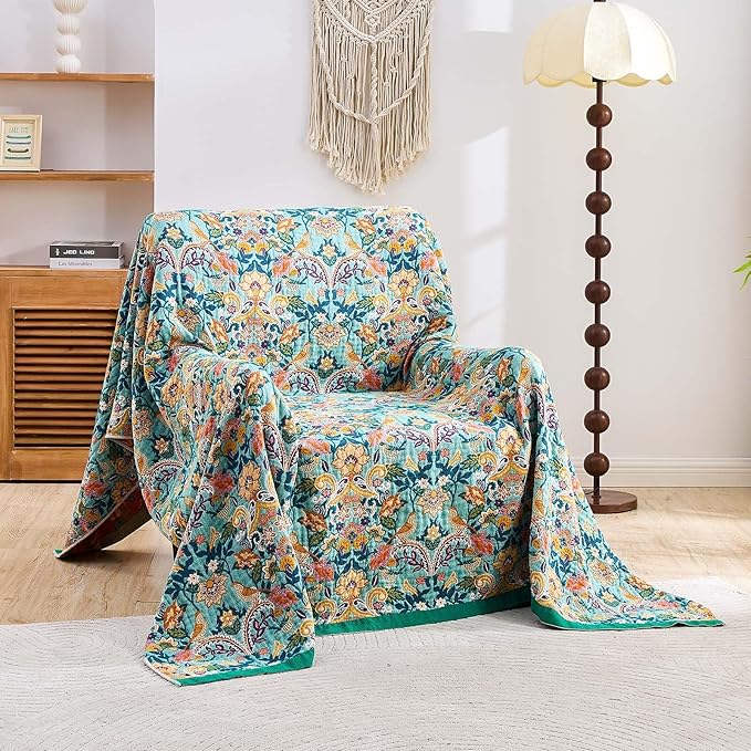 Boho Blanket Throw Quilt, 100% Cotton Soft Light Weight Throw Blankets - Image 2