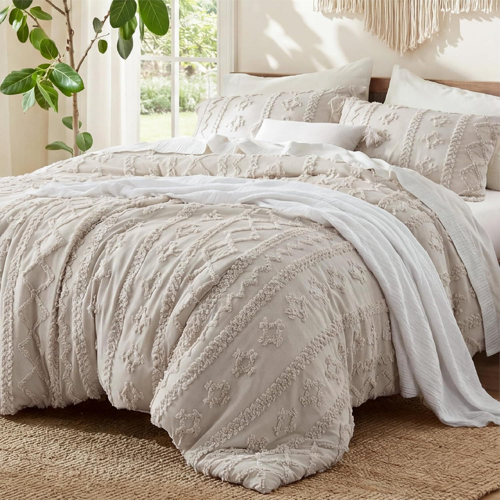 Bedsure Tufted Boho Comforter Set Twin, Bedroom Decor Bedding Set Linen