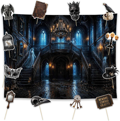 Allenjoy 96" x 72" Halloween Mansion Photography Backdrop with Photo Booth Props, Party Decorations, Supplies and Favors