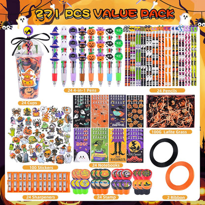 LiYiQ 24 Set 247 Pcs Halloween Party Favors Return Gifts for Party, Student Stationery Gifts from Teacher, Pencil Erasers Notebooks Stickers for Classroom Birthday Goodie Bags Rewards Prizes