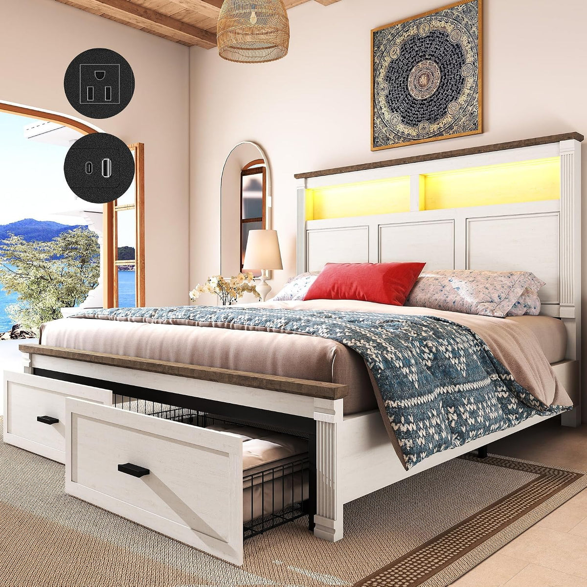 farmhouse 53" tall queen bed frame, headboard& 2, main product view