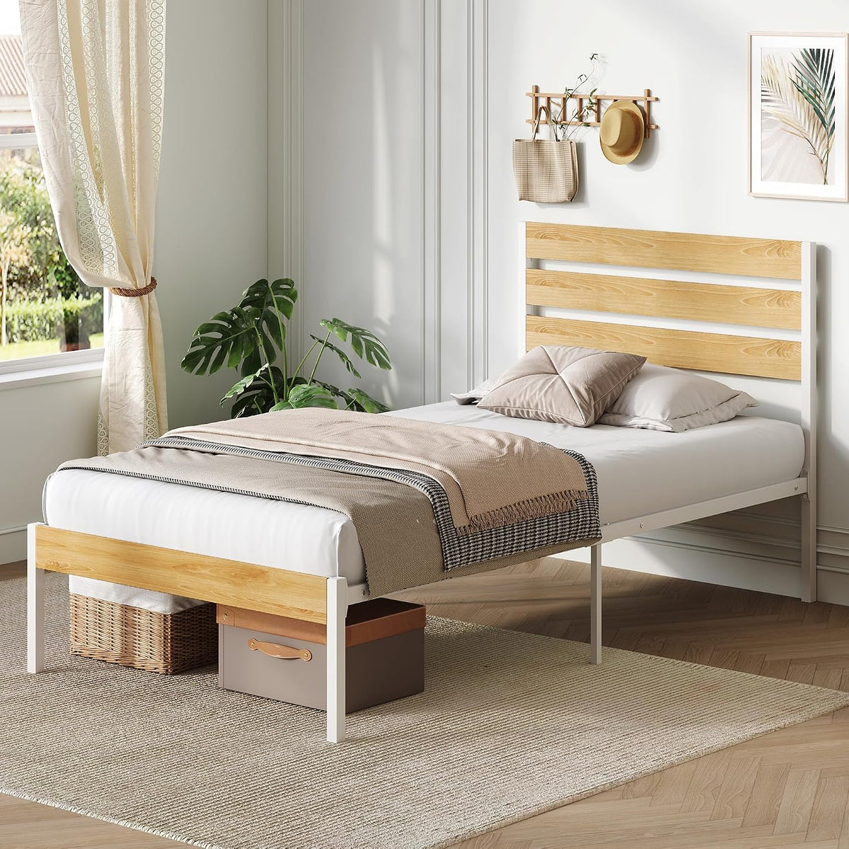 wlive twin bed frames with headboard, metal platform showing dimensions