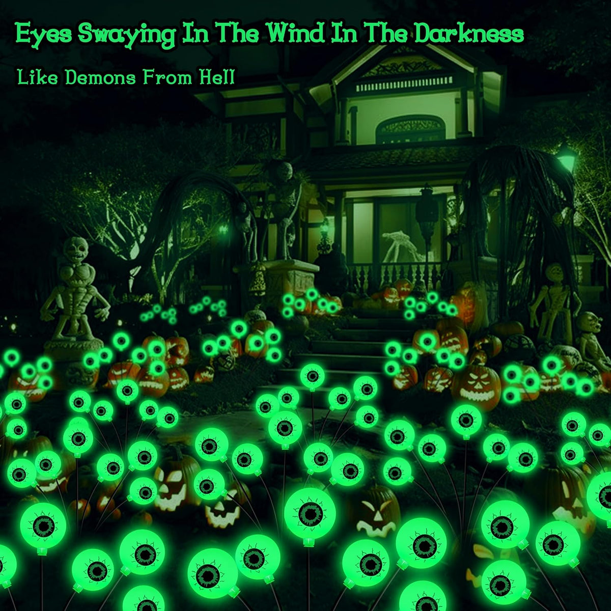 Kohlrabi Halloween Decorations Outdoor, 4 Pack 24 LED Solar Scary Eyeball Swaying Lights, Green Solar Firefly Lights Waterproof Outdoor Garden Light for Halloween Yard Garden Lawn Party Flower Bed