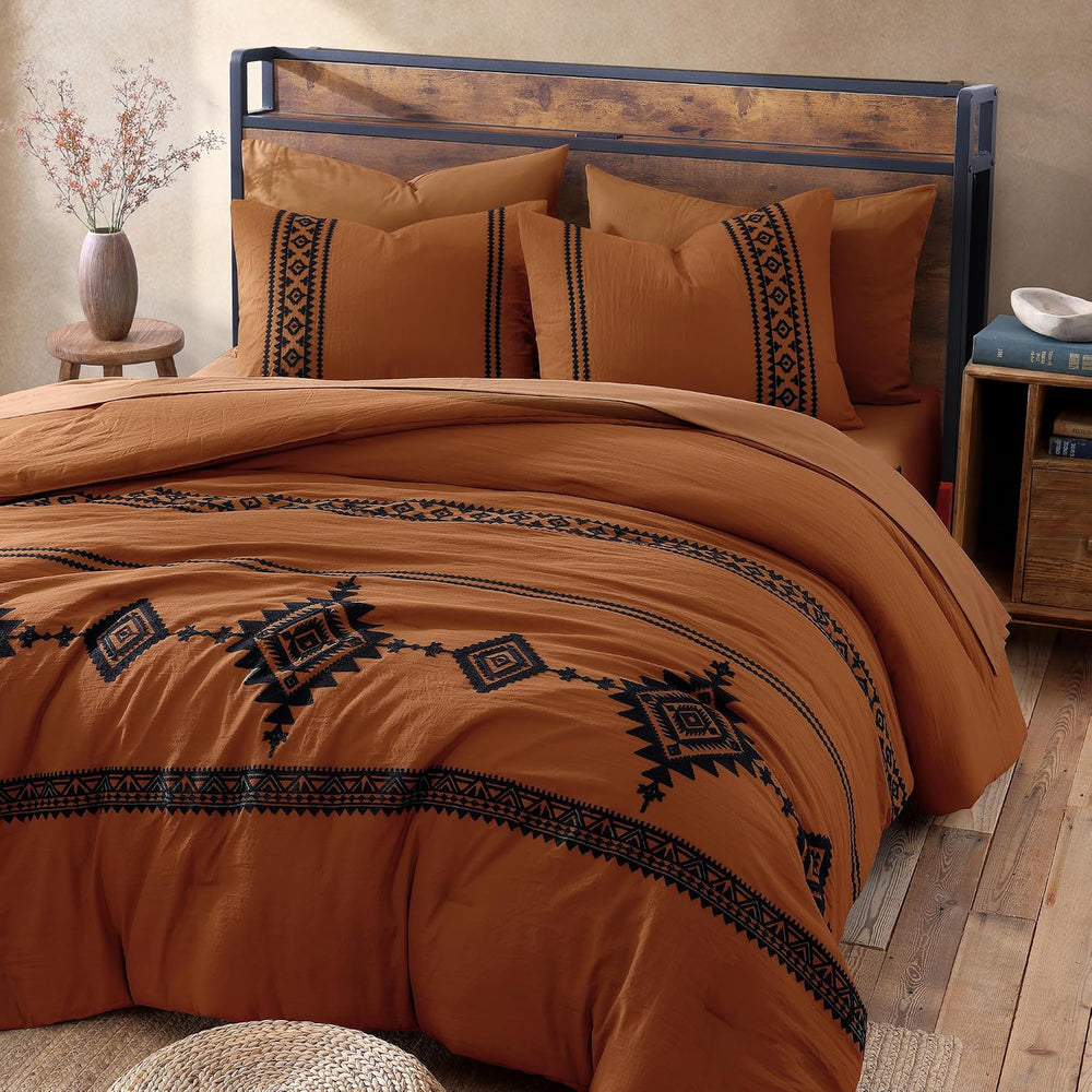 MaiRêve Embroidery Queen Comforter Set 7 Pieces Burnt Orange Bed in a Bag