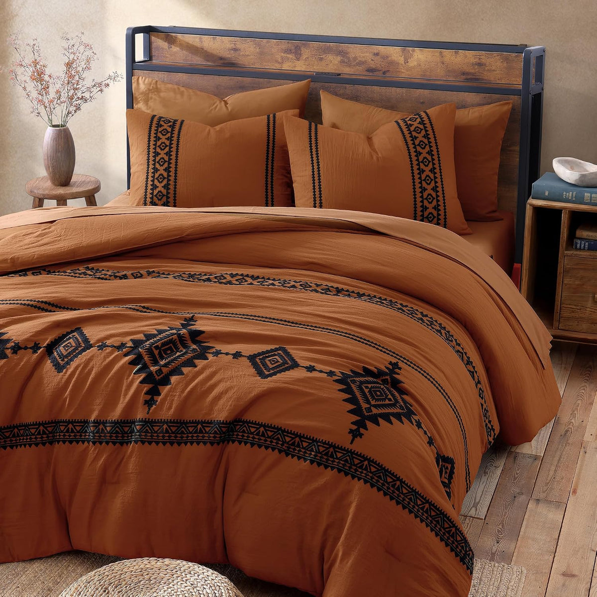 mairêve embroidery queen comforter set 7 pieces burnt, close-up detail