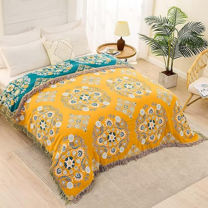Boho Throw Blanket, 100% Cotton Ultra Soft Luxury Throw Rustic Quilt, Floral - Image 4