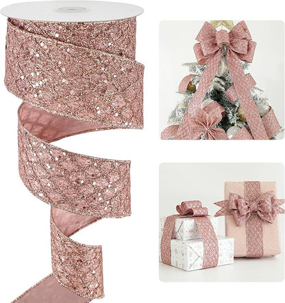 HUIHUANG Rose Gold Glitter Wired Ribbon by HUIHUANG