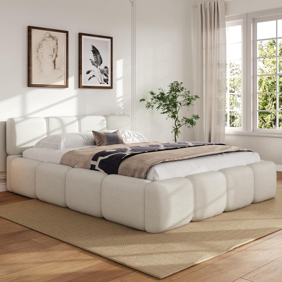 merax queen boucle platform bed with thick headboard, main product view