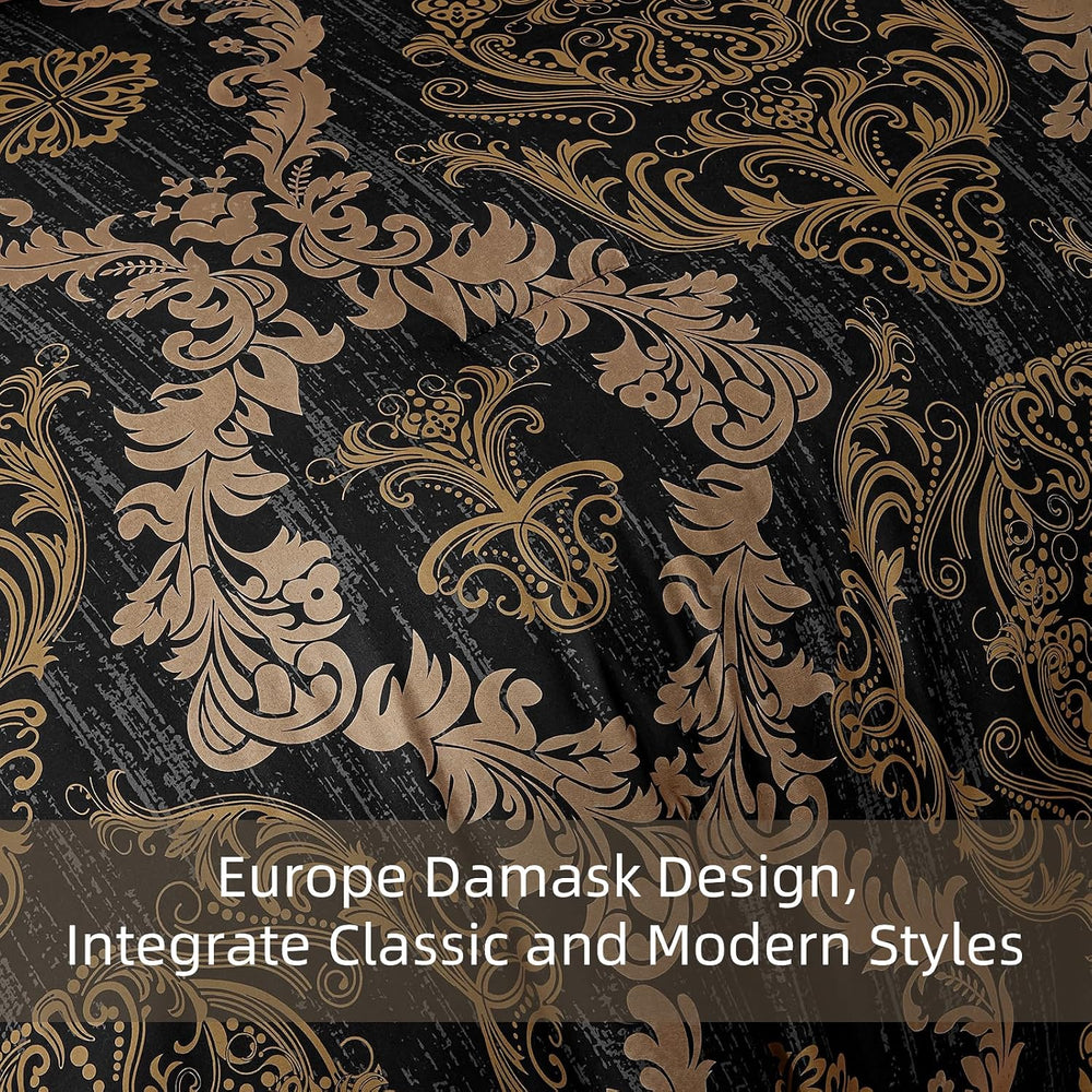 WONGS BEDDING Black Comforter Set Queen Size, Gold Damask Texture 7 Pieces Be...