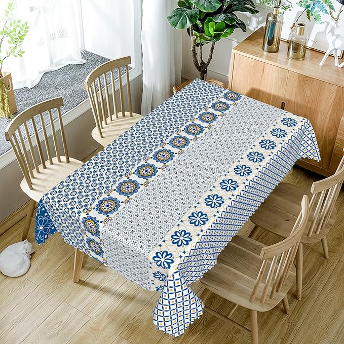 54x86inches Boho Rectangle Tablecloth Blue Floral Printed Bohemian Table Cloth - Image 5