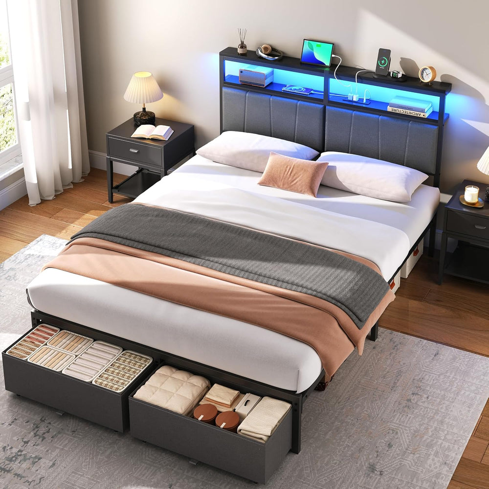 Full Bed Frame with Storage Drawers and Charging Station, Grey