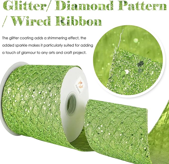 HUIHUANG Lime Green Glitter Wired Ribbon - Image 3