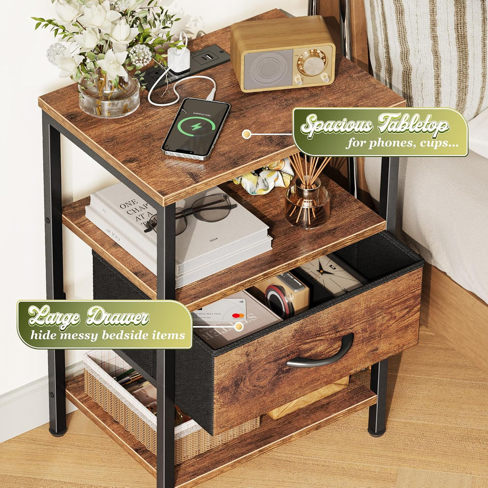 SUPERJARE Nightstand with Charging Station, Bed Side Table with Adjustable Fa...