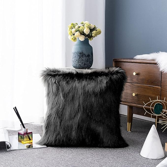 LIGICKY Set of 2 Black Fluffy Pillows Luxury Series Soft Faux Fur Throw Pillow - Image 3