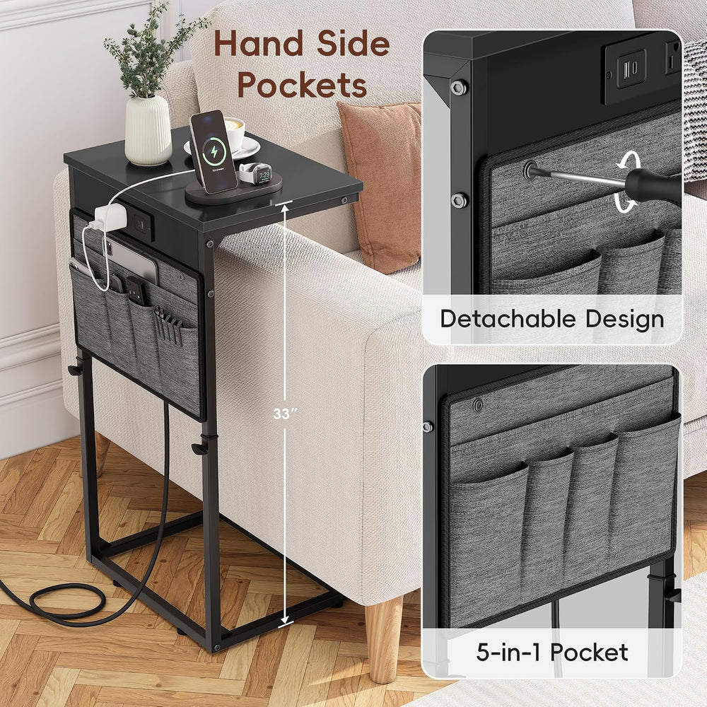Vagusicc C Shaped End Table with Charging Station, Tall C Table End Table Adj...