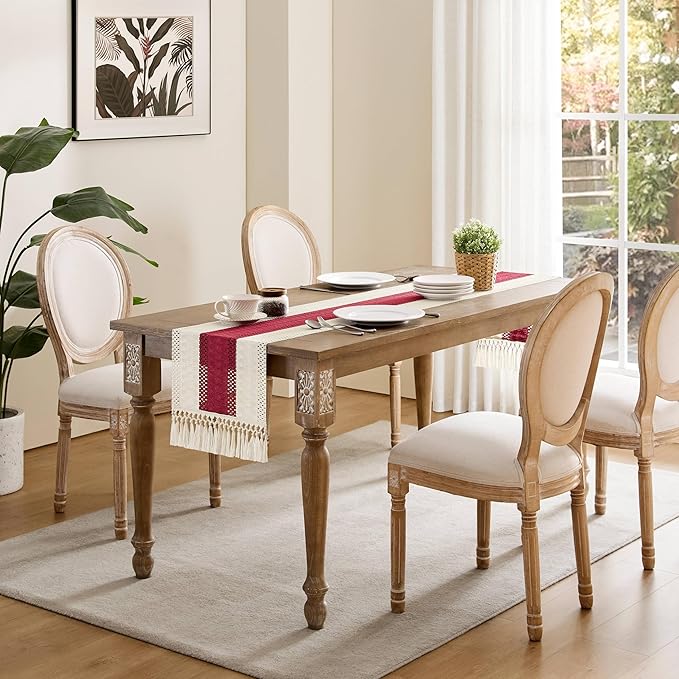 ZeeMart Macrame Style Bicolor Stitching Table Runner, 14 x 60 Inch Red/Ivory - Image 3