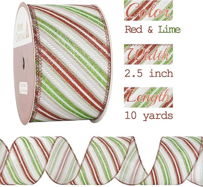 MEEDEE Red and Green Diagonal Striped Ribbon 2.5 Inch White Satin - Image 2