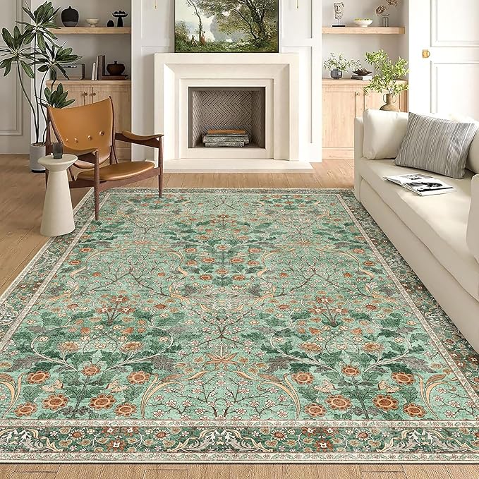 MUJOO Green Washable Rugs 8x10, Floral Area Rug - Image 3