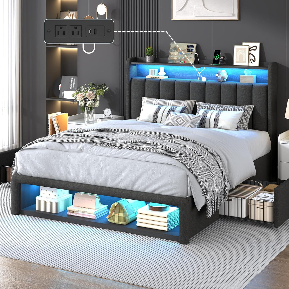 queen size bed frame with upholstered wingback headboard, front angle view