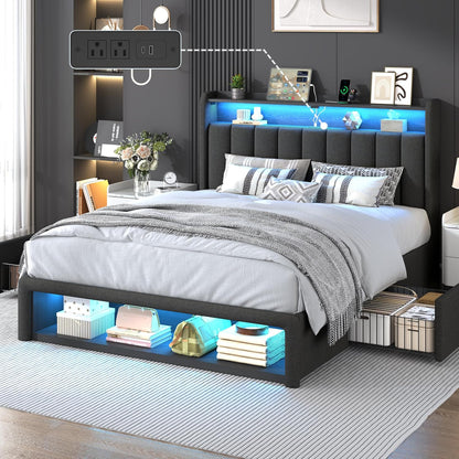 queen size bed frame with upholstered wingback headboard, front angle view